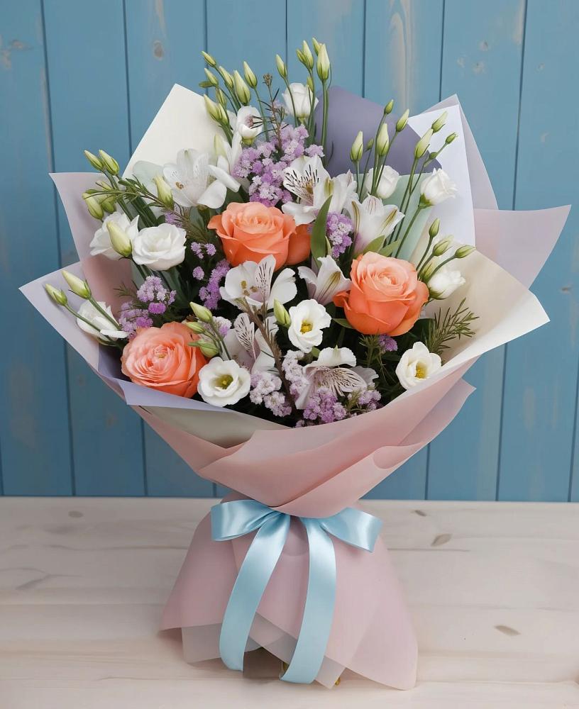 Букет цветов из: Лизиантусы, Розы, Альстромерии и Гипсофила в Аргуне